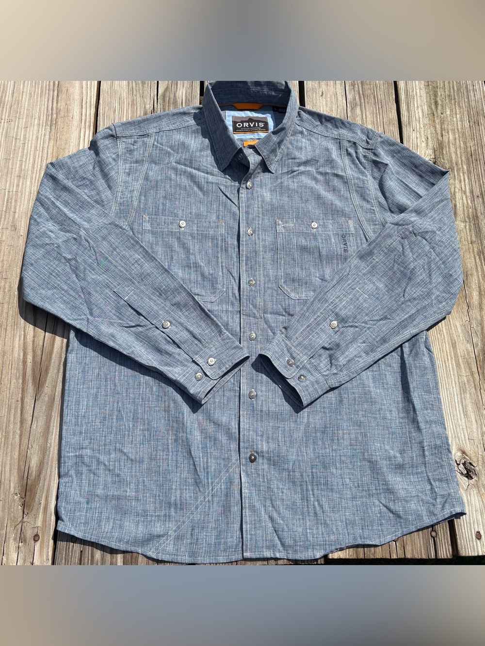 Orvis Tech Chambray Shirt Men’s Long Sleeve Blue Denim Color Vented Fishing L
